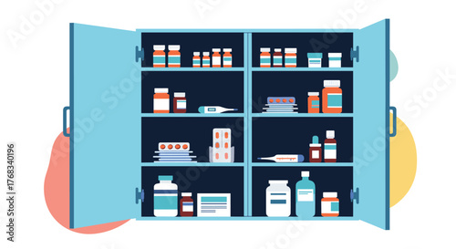 Illustration of a blue medicine cabinet filled with various medications, bottles, and supplies.