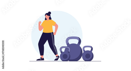 Illustration of a woman in athletic wear with kettlebells, symbolizing fitness and exercise.