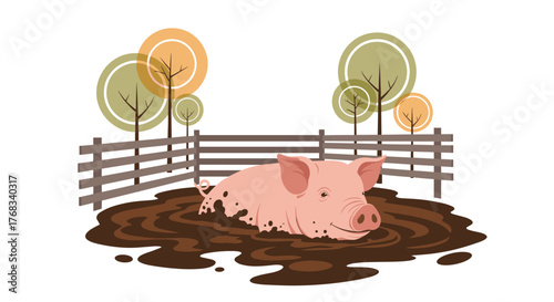 A happy pink pig wallows in a muddy pen with abstract trees and a wooden fence in the background.