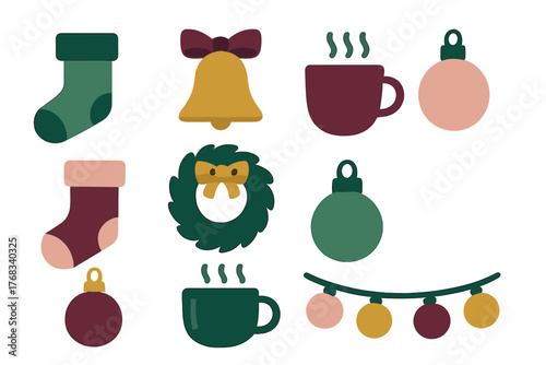 Festive Christmas and winter holiday elements collection including stockings, ornaments, bell, wreath, and hot drinks
