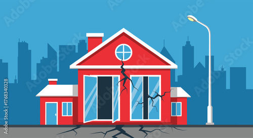 A cracked red house stands in front of a city skyline, illustrating earthquake damage.