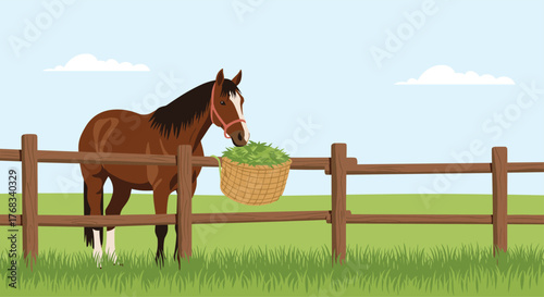 A brown horse with a white blaze is eating hay from a basket hanging on a wooden fence.