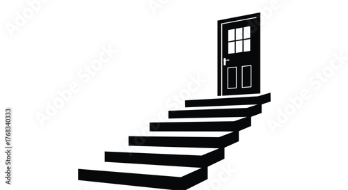 Black silhouette of a set of stairs leading up to an open doorway, representing opportunity and progress.