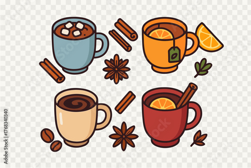 Four mugs of warm autumn and winter drinks with marshmallows, orange slices, cinnamon, and star anise