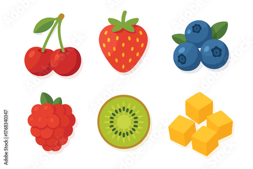 Fresh ripe berries and tropical fruits assortment including cherry strawberry blueberry kiwi mango
