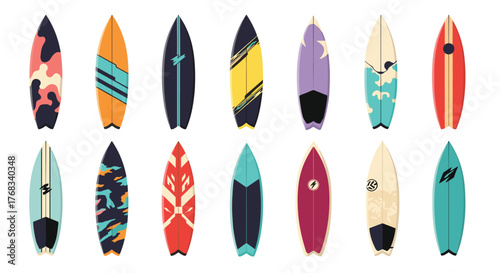 Collection of colorful and patterned surfboards displayed in two rows on a white background.