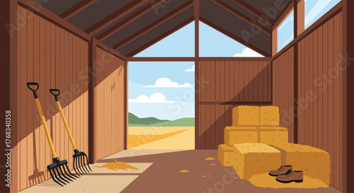 Inside a rustic wooden barn with hay bales, pitchforks and boots, overlooking a sunny field.