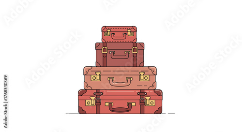 A stack of four vintage suitcases in varying shades of red and brown with gold hardware.