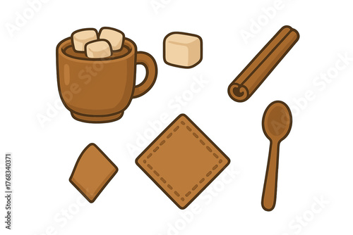 Cozy hot chocolate mug with marshmallows, cinnamon stick, and wooden spoon set