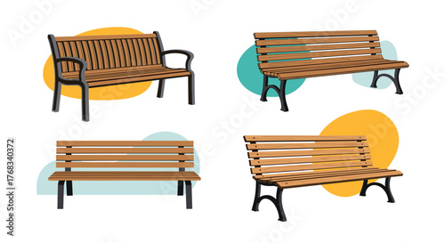 Four different styles of wooden park benches with colorful abstract backgrounds.
