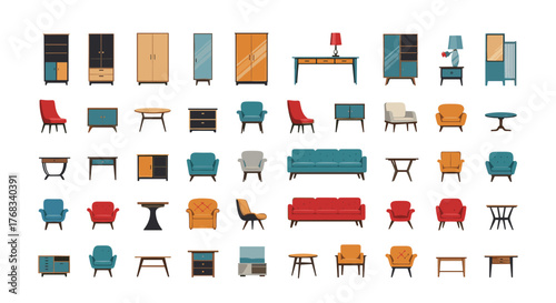 Collection of modern flat design furniture icons, including sofas, chairs, tables, and cabinets.
