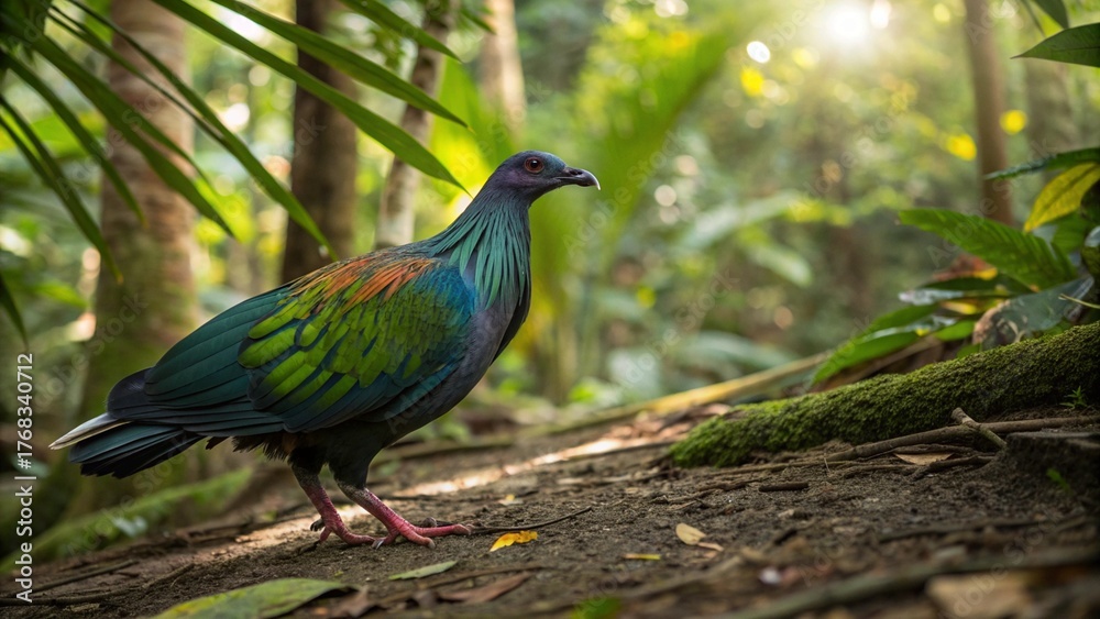 Obraz premium Realistic Nicobar Pigeon in natural tropical habitat, iridescent green, blue, and copper feathers, red legs, perched on forest floor with lush greenery under sunlight