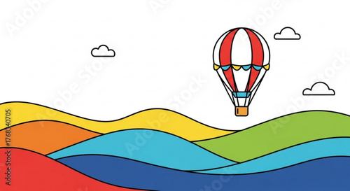 A scenic landscape featuring a hot air balloon, soaring over colorful hills, evoking a sense of adventure and wanderlust