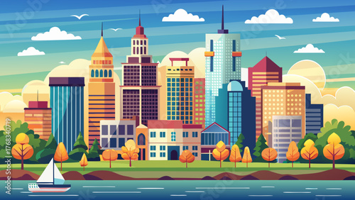 Very beautiful, sunrise over Hartford city skyline and historic landmark buildings along Interstate I-91, viewed from Charter Oak Landing on the Connecticut River, USA, showcasing a snow-covered