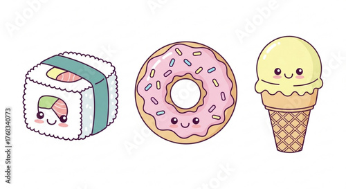 Cute kawaii sushi roll, donut, and ice cream cone adorable cartoon food characters with smiling faces for kids design