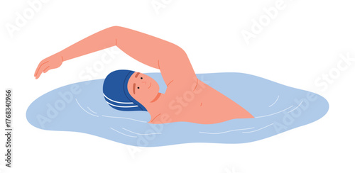 Athletic man swimming freestyle in water with blue cap on isolated white background vector illustration