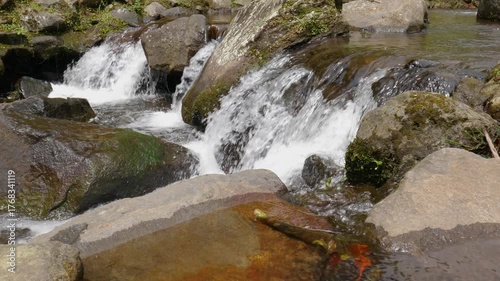 Crystal clear stream flowing continuously over rocky riverbed in a mountain area, captured in a seamless 4K horizontal loop for peaceful and meditative background use