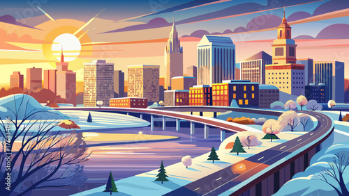 Very beautiful, sunrise over Hartford city skyline and historic landmark buildings along Interstate I-91, viewed from Charter Oak Landing on the Connecticut River, USA, showcasing a snow-covered winte