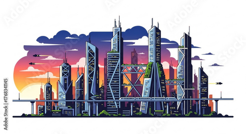Futuristic cityscape with modern buildings, flying vehicles, and vibrant sunset urban skyline illustration for concept