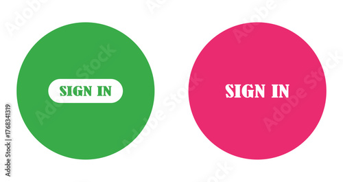 Flat vector design of two colorful circular Sign In buttons in green and pink, modern UI elements for web and mobile app interfaces