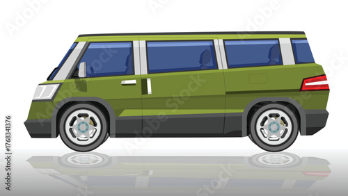 Object of side view luxury van green color. Cars with sharp and angular shapes and designs. With shadow on isolated white background.