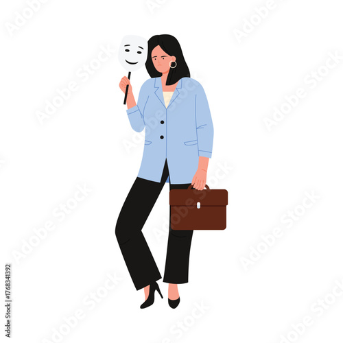 Isolated businesswoman with sad face holding happy mask and briefcase concept vector illustration