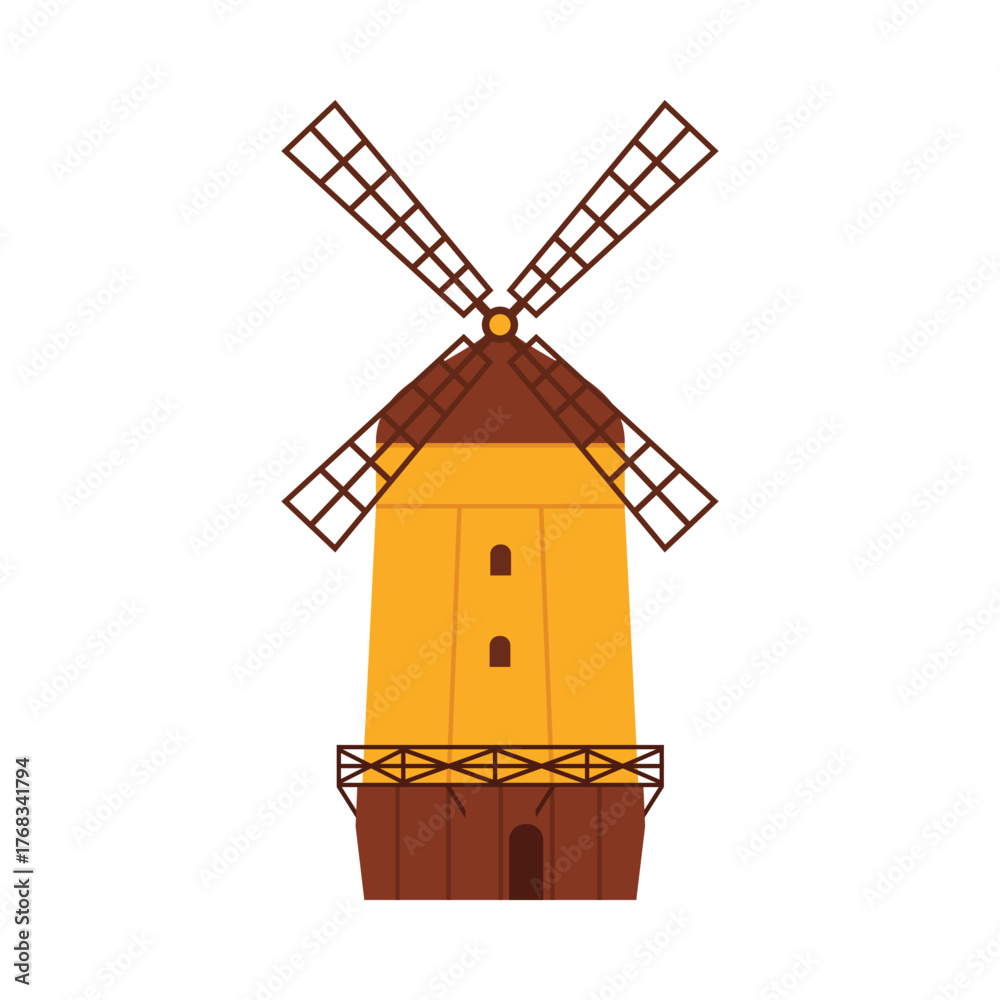 Fototapeta premium Classic Swedish windmill with brown roof and yellow walls on white isolated background vector illustration