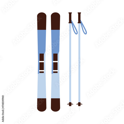Minimalist isolated Swiss ski and poles gear on white background for winter sports vector illustration