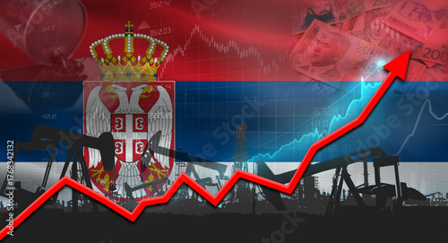 Oil pumps with Serbian flag. Oil production with Serbia flag, petrol industry