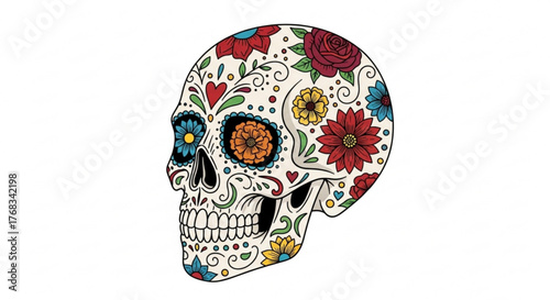 A decorative sugar skull with floral elements, , celebrating the day of the dead with vibrant colors and intricate details