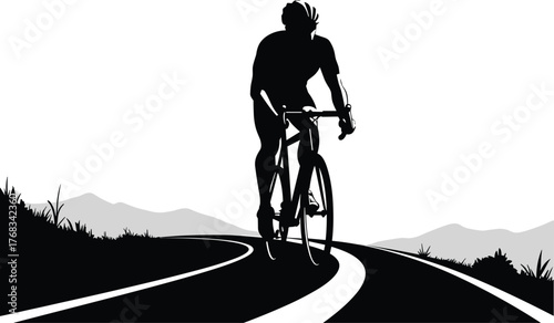 Silhouette of cyclist riding on curved mountain road with scenic landscape background for outdoor sport and fitness concept illustration