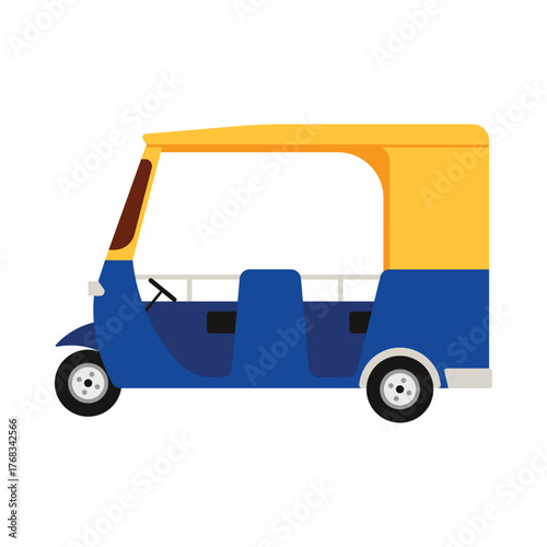 Iconic Thailand tuk tuk taxi in blue and yellow colors on white isolated background vector illustration