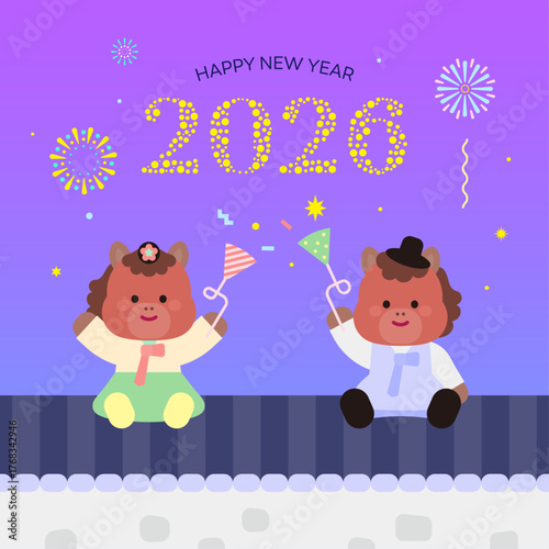 2026년, 붉은 말의 해, 한복, 새해 인사, 복주머니 벡터 일러스트