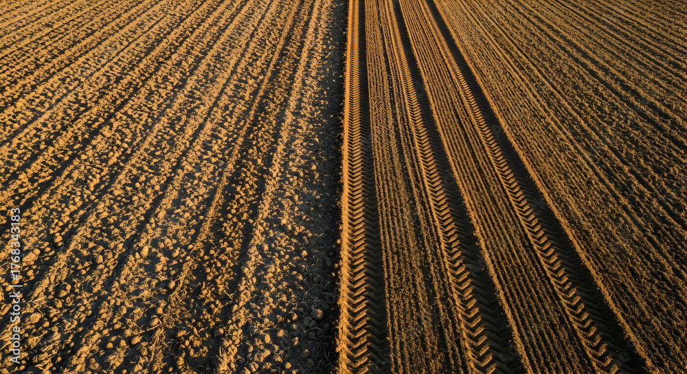 Fototapeta premium Aerial View of Plowed Agricultural Field with Distinct Furrows and Textured Soil Under Warm Sunlight in Evening
