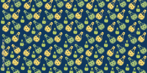 Halloween potion bottle seamless pattern with spooky glass flasks in green and yellow tones. Perfect for poster, banner, party decor, wrapping paper, textile, background, and festive digital designs.