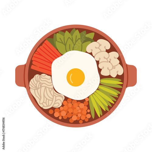 Colorful Korean bibimbap bowl with vegetables and egg on white background isolated vector illustration