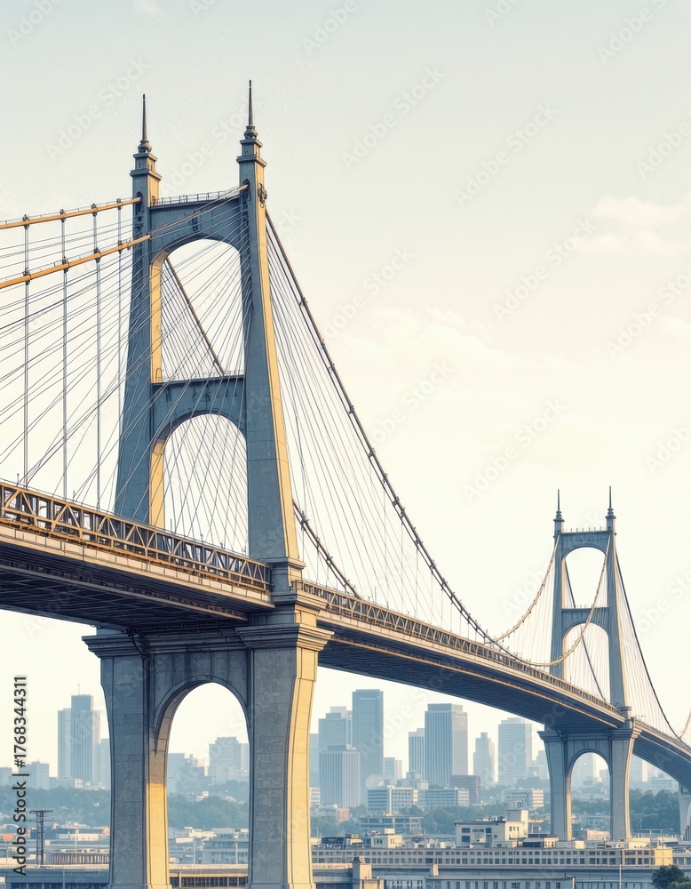 Fototapeta premium Majestic bridge with city skyline in the background during sunset