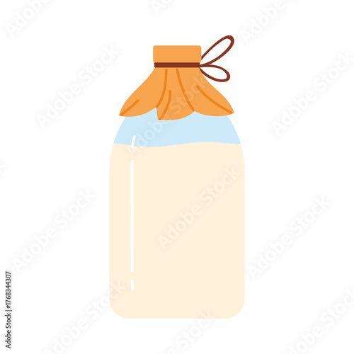 Fermented milk in a traditional jar with cloth cover, isolated on white background vector illustration