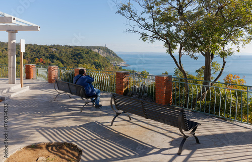 View on Trieste coastline in Sistiana, Italy, on the northern Adriatic sea in early autumn, from a panoramic terrace