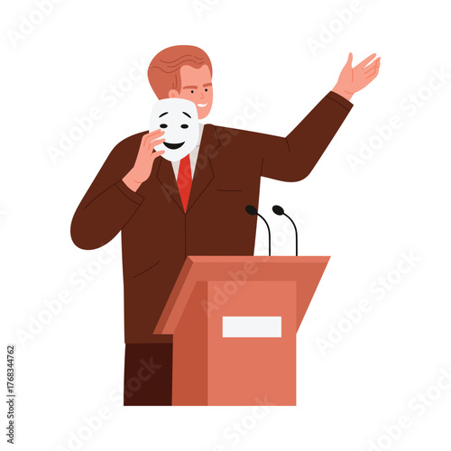 Deceptive politician at podium holding mask, symbolizing hidden intentions, isolated on white vector illustration