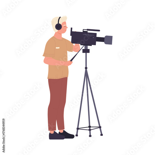 Young cameraman operating video camera on tripod wearing headphones isolated vector illustration