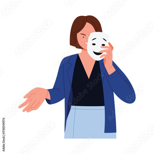 Businesswoman holding smiling mask in front of face, concept of similarity and identity isolated vector illustration