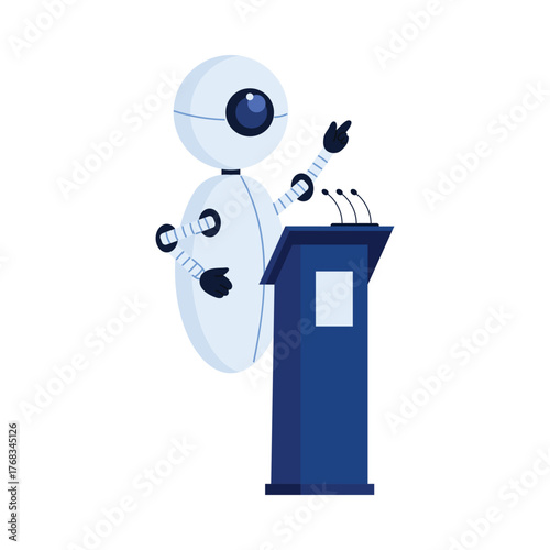 Futuristic robot delivers speech at podium on white background, technology concept isolated vector illustration