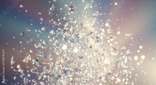 Sparkling diamonds and jewels suspended mid-air against a blurred multicolored light backdrop.