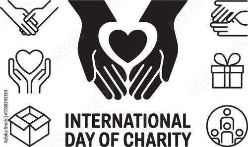 International Day of Charity hands holding heart donation icons set concept