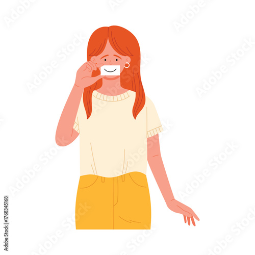 Red-haired woman holding a smiling mask in front of her face, isolated on white vector illustration