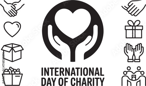 International Day of Charity heart hands giving help gift box care icon set vector