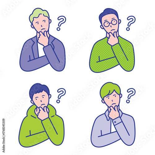 疑問を感じて首をかしげるイメージの20代〜40代男性の上半身イラスト素材【セット】