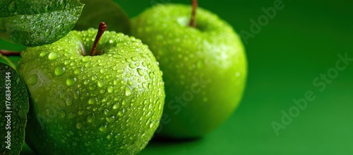 Crisp Green Apple with Water Droplets on Smooth Green Surface
