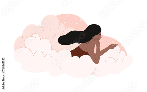 Isolated woman with long hair relaxing peacefully on dreamy pink clouds vector illustration